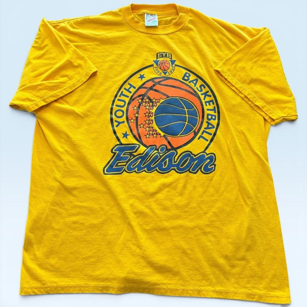 Vtg Edison Youth Basketball Shirt Mens XL Yellow T-Shirt USA Jerzees 1996